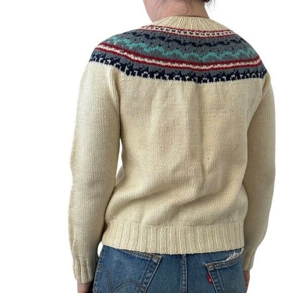 Vintage 1970s Womens Hand Knit 100% Wool Fair Isle Hippie Cardigan Sweater Sz M - Picture 7 of 7